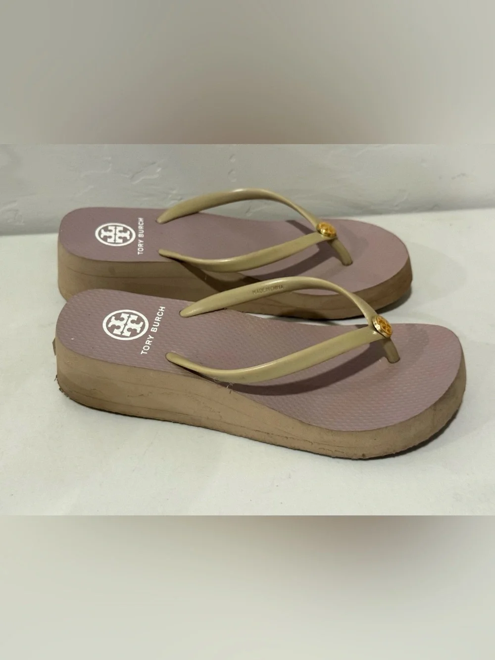 Tory Burch Beige-Strap Pink Tan‎ Footbed Platform Sandals Sz 7 M